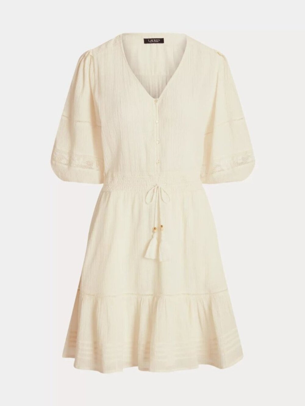 NEW! Lauren Ralph Lauren Women's 12 Crinkle Cotton Blouson-Sleeve Dress NWT $185 - Picture 2 of 2